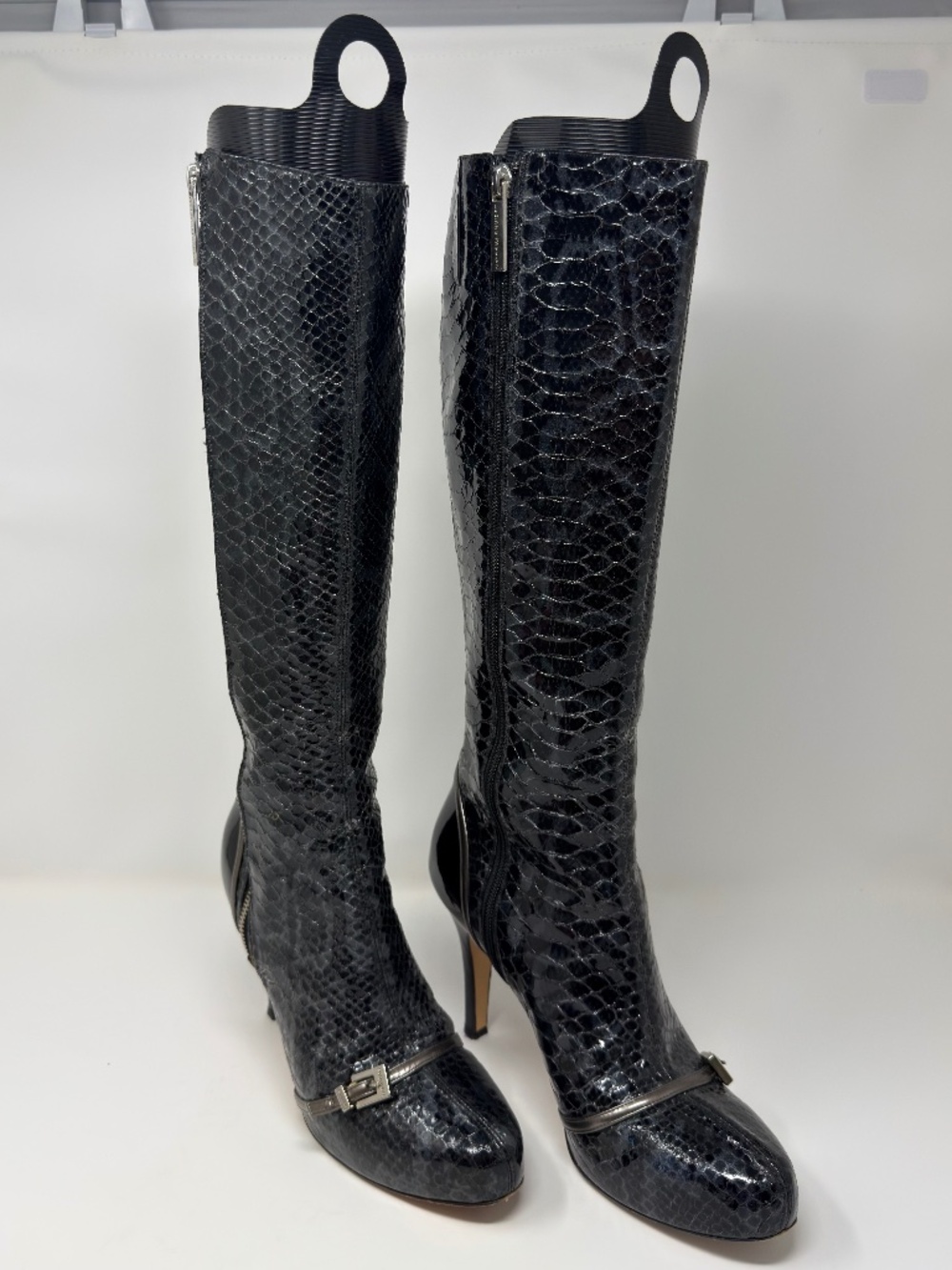 Black snakeskin patent leather with pewter accent tall boot by Luciano Padovan